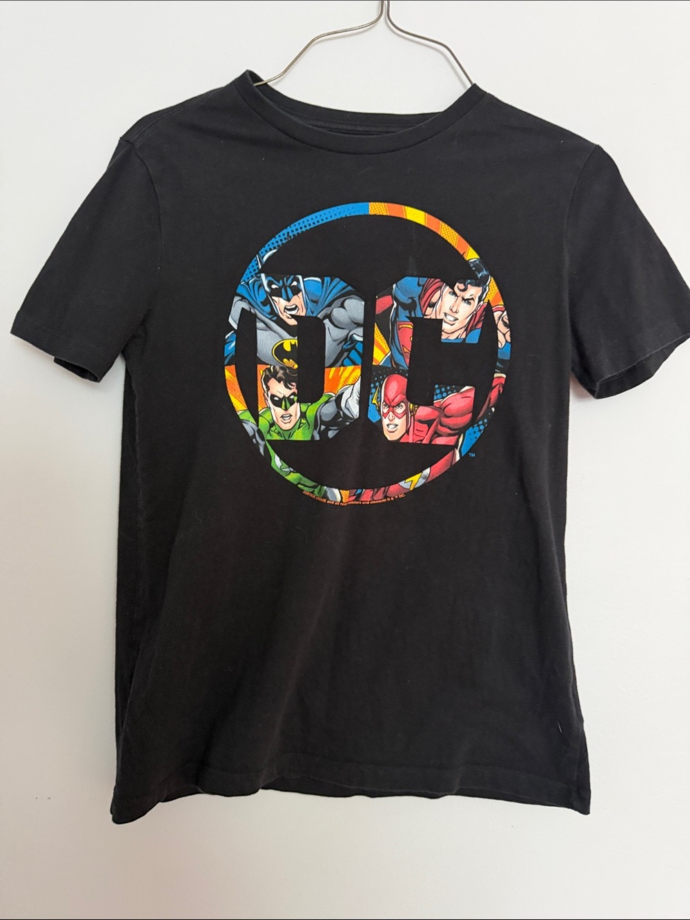 DC Black Tee with Multicolor Justice League Circle Graphic